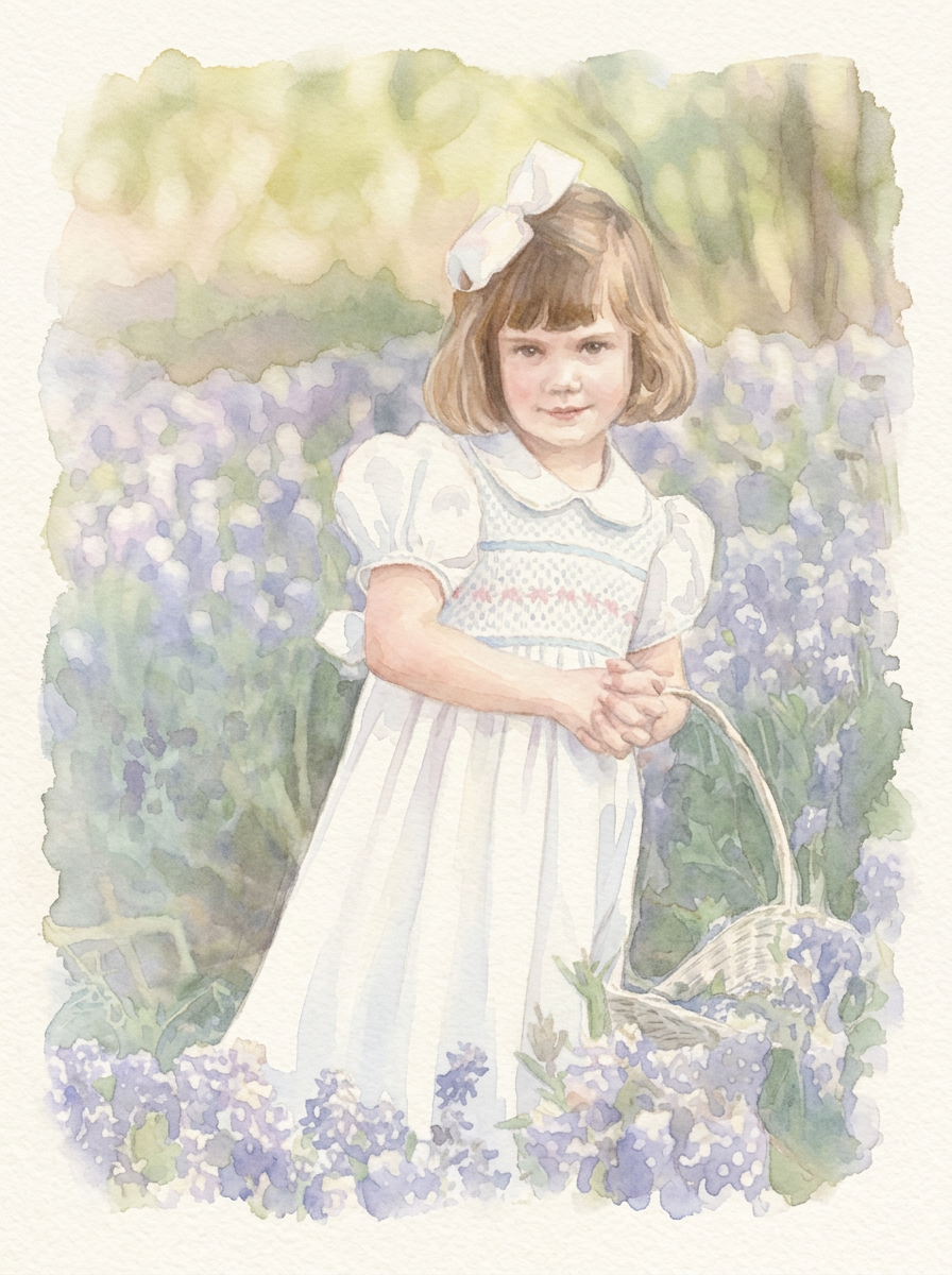 Watercolor portrait of a child in a smocked dress amid bluebonnets